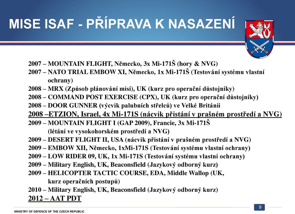 Mi-171S (nácvik přistání v prašném prostředí a NVG) 2009 MOUNTAIN FLIGHT I (GAP 2009), Francie, 3x Mi-171Š (létání ve vysokohorském prostředí a NVG) 2009 DESERT FLIGHT II, USA (nácvik přistání v