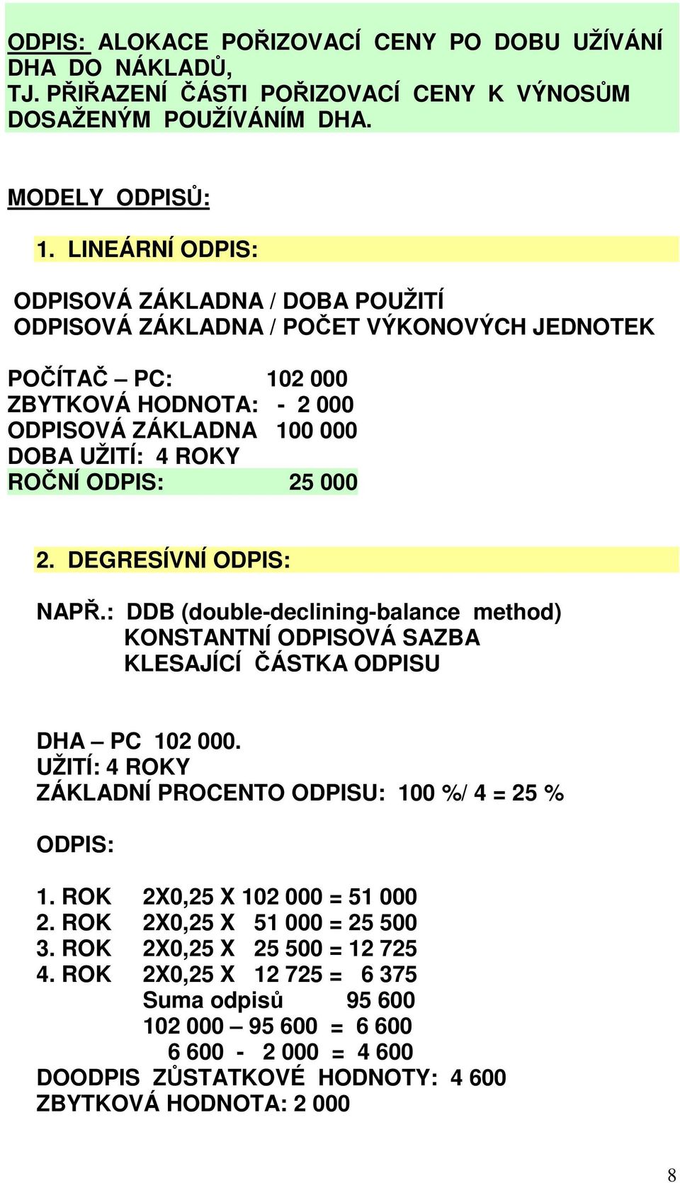 25 000 2. DEGRESÍVNÍ ODPIS: NAPŘ.: DDB (double-declining-balance method) KONSTANTNÍ ODPISOVÁ SAZBA KLESAJÍCÍ ČÁSTKA ODPISU DHA PC 102 000.