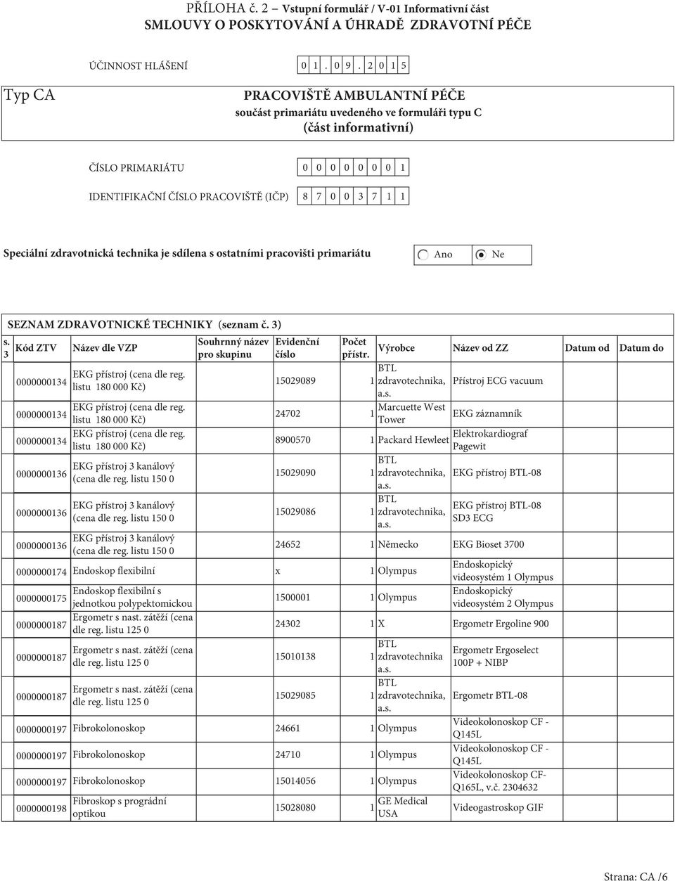 Speciální zdravotnická technika je sdílena s ostatními pracovišti primariátu Ano Ne SEZNAM ZDRAVOTNICKÉ TECHNIKY (seznam č. 3) s.