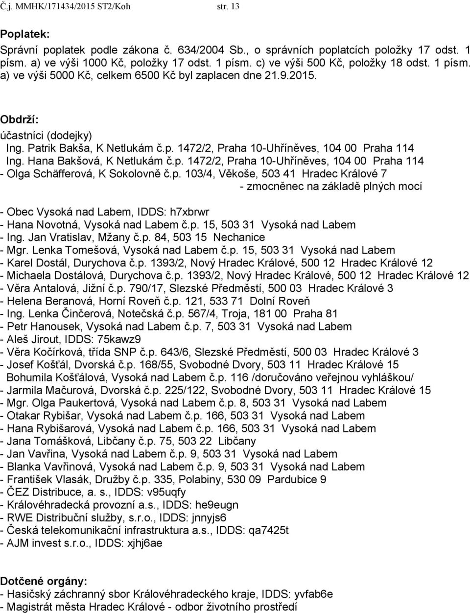 Hana Bakšová, K Netlukám č.p. 1472/2, Praha 10-Uhříněves, 104 00 Praha 114 - Olga Schäfferová, K Sokolovně č.p. 103/4, Věkoše, 503 41 Hradec Králové 7 - zmocněnec na základě plných mocí - Obec Vysoká nad Labem, IDDS: h7xbrwr - Hana Novotná, Vysoká nad Labem č.