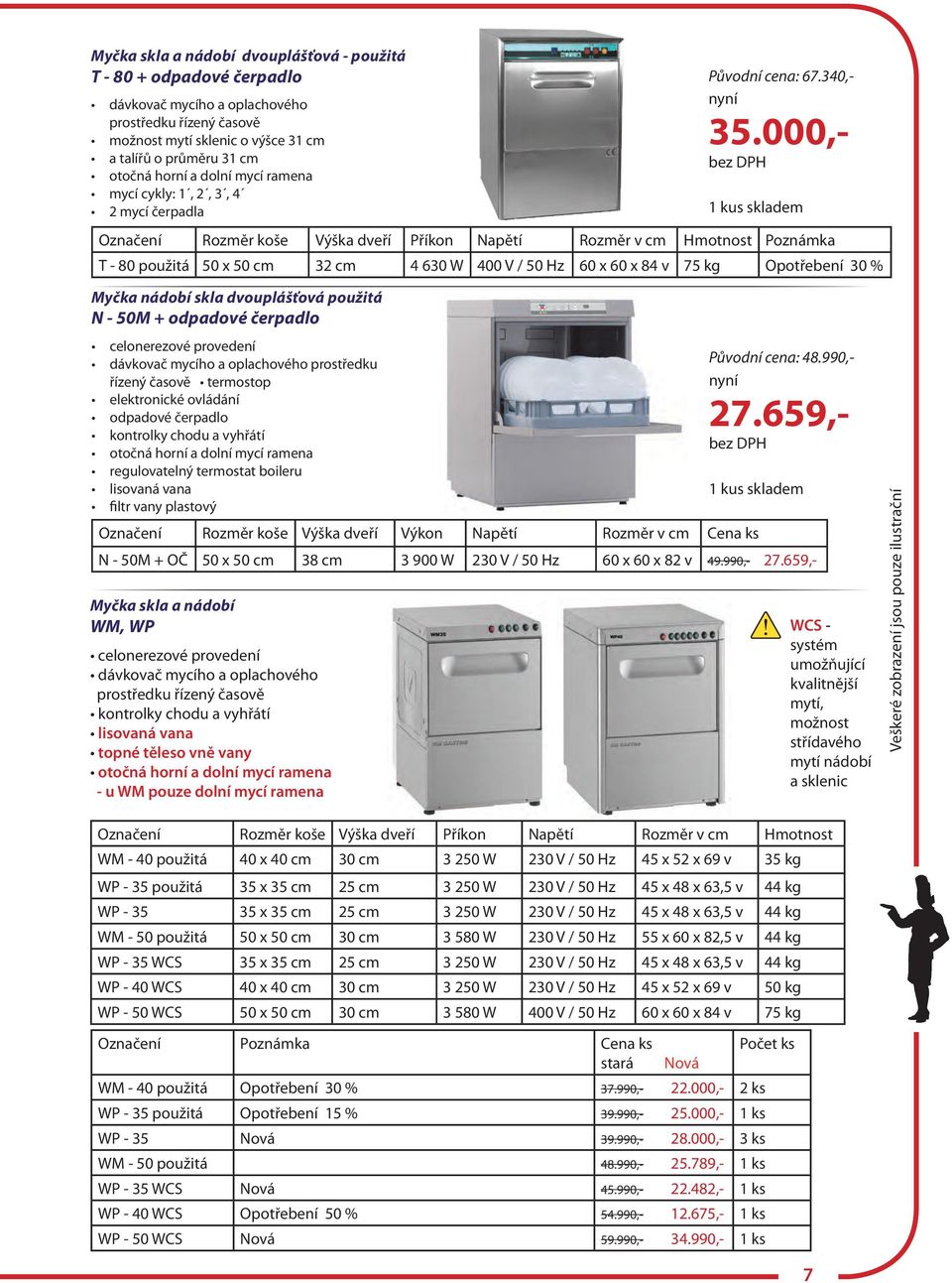 000,- Označení Rozměr koše Výška dveří Příkon Napětí Rozměr v cm Hmotnost Poznámka T - 80 použitá 50 x 50 cm 32 cm 4 630 W 400 V / 50 Hz 60 x 60 x 84 v 75 kg Opotřebení 30 % Myčka nádobí skla