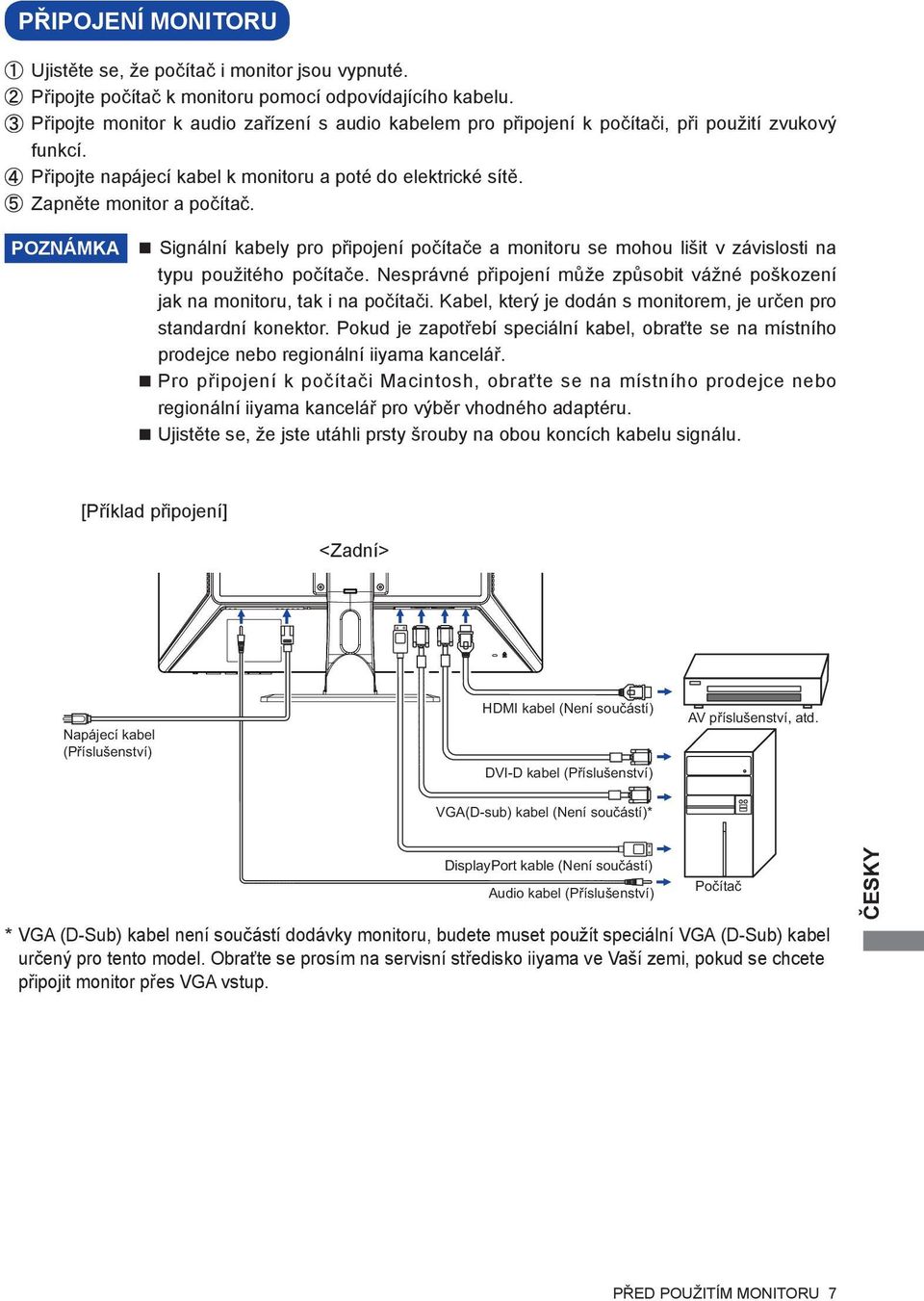 POZNÁMKA Signální kabely pro připojení počítače a monitoru se mohou lišit v závislosti na typu použitého počítače. Nesprávné připojení může způsobit vážné poškození jak na monitoru, tak i na počítači.