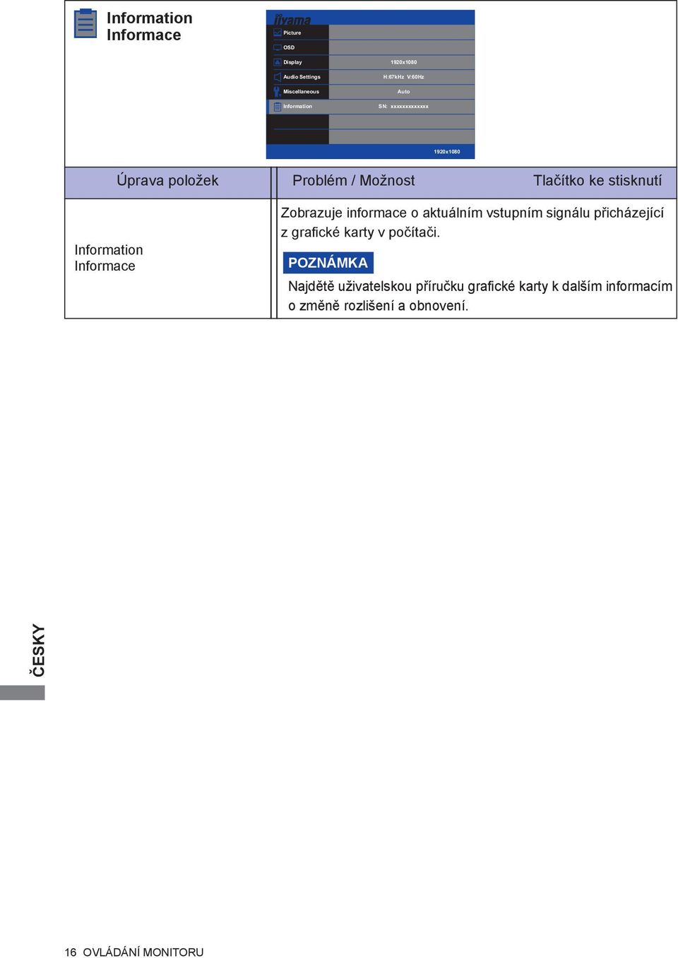 Informace Zobrazuje informace o aktuálním vstupním signálu přicházející z grafické karty v počítači.