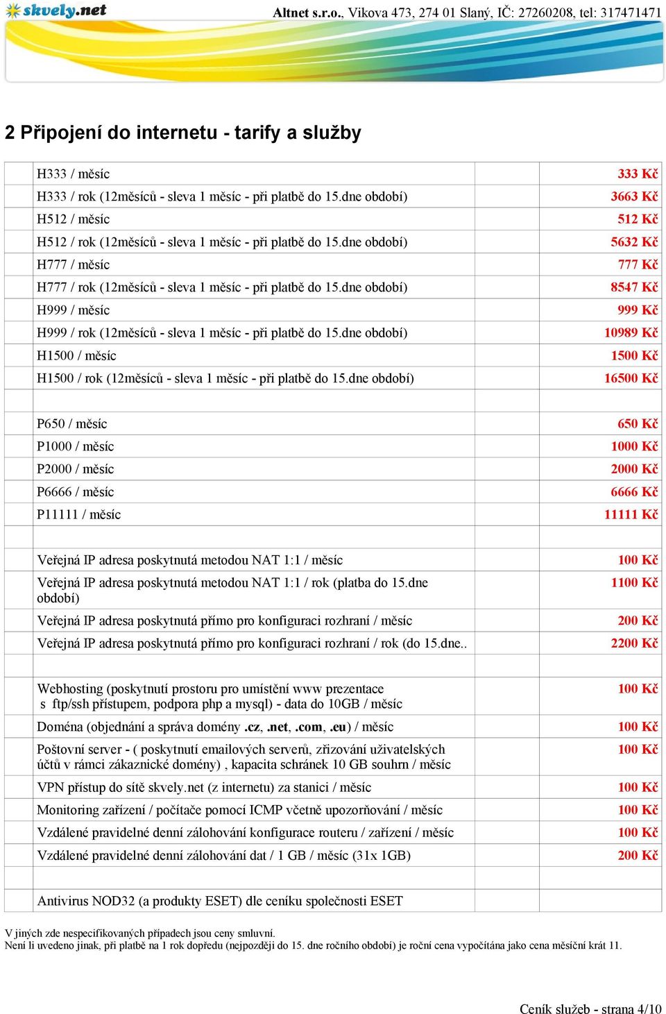 dne období) H1500 / měsíc H1500 / rok (12měsíců - sleva 1 měsíc - při platbě do 15.