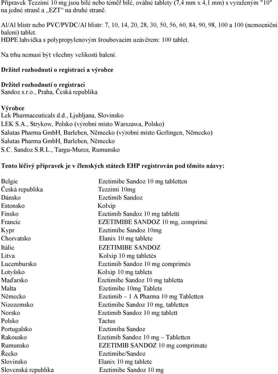 Na trhu nemusí být všechny velikosti balení. Držitel rozhodnutí o registraci a výrobce Držitel rozhodnutí o registraci Sandoz s.r.o., Praha, Česká republika Výrobce Lek Pharmaceuticals d.d., Ljubljana, Slovinsko LEK S.