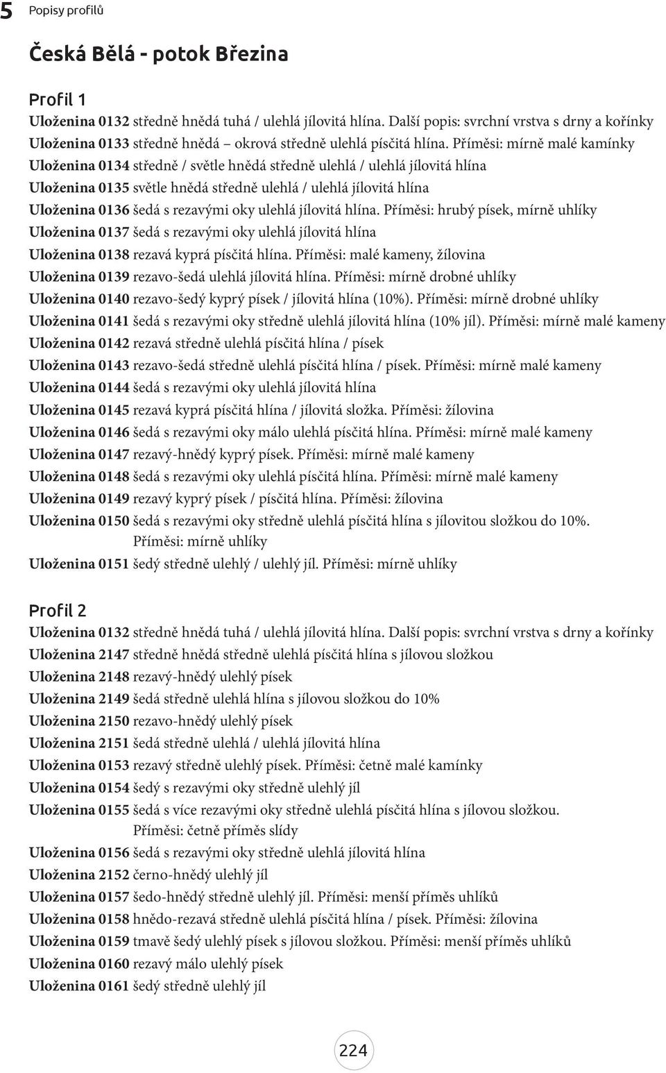 Příměsi: mírně malé kamínky Uloženina 0134 středně / světle hnědá středně ulehlá / ulehlá jílovitá hlína Uloženina 0135 světle hnědá středně ulehlá / ulehlá jílovitá hlína Uloženina 0136 šedá s