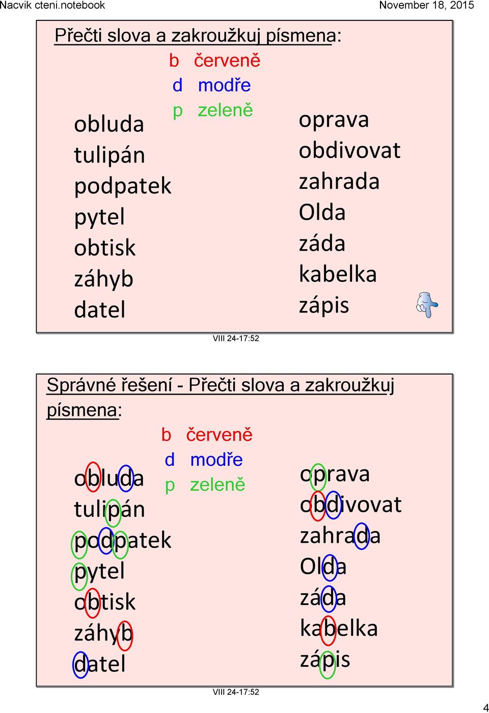 Správné řešení Přečti slova a zakroužkuj písmena: b červeně obluda tulipán podpatek