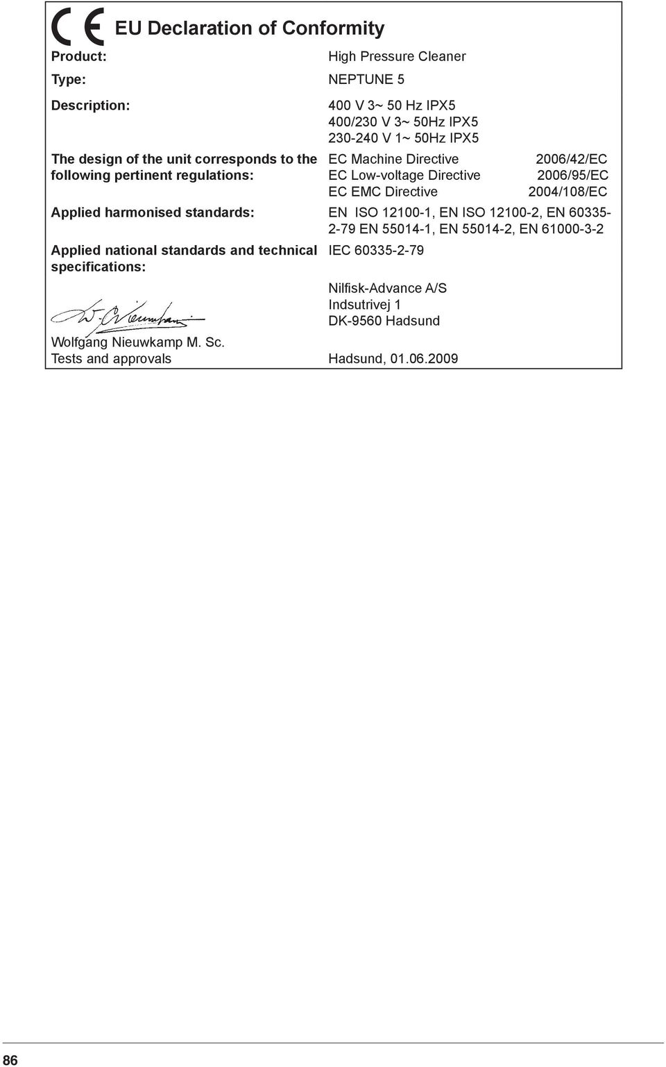 2006/95/EC 2004/108/EC Applied harmonised standards: EN ISO 12100-1, EN ISO 12100-2, EN 60335-2-79 EN 55014-1, EN 55014-2, EN 61000-3-2 Applied national