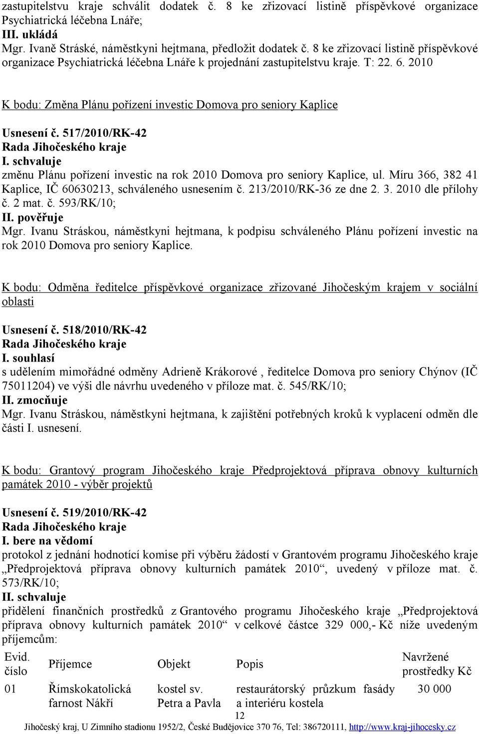 517/2010/RK-42 I. schvaluje změnu Plánu pořízení investic na rok 2010 Domova pro seniory Kaplice, ul. Míru 366, 382 41 Kaplice, IČ 60630213, schváleného usnesením č. 213/2010/RK-36 ze dne 2. 3. 2010 dle přílohy č.