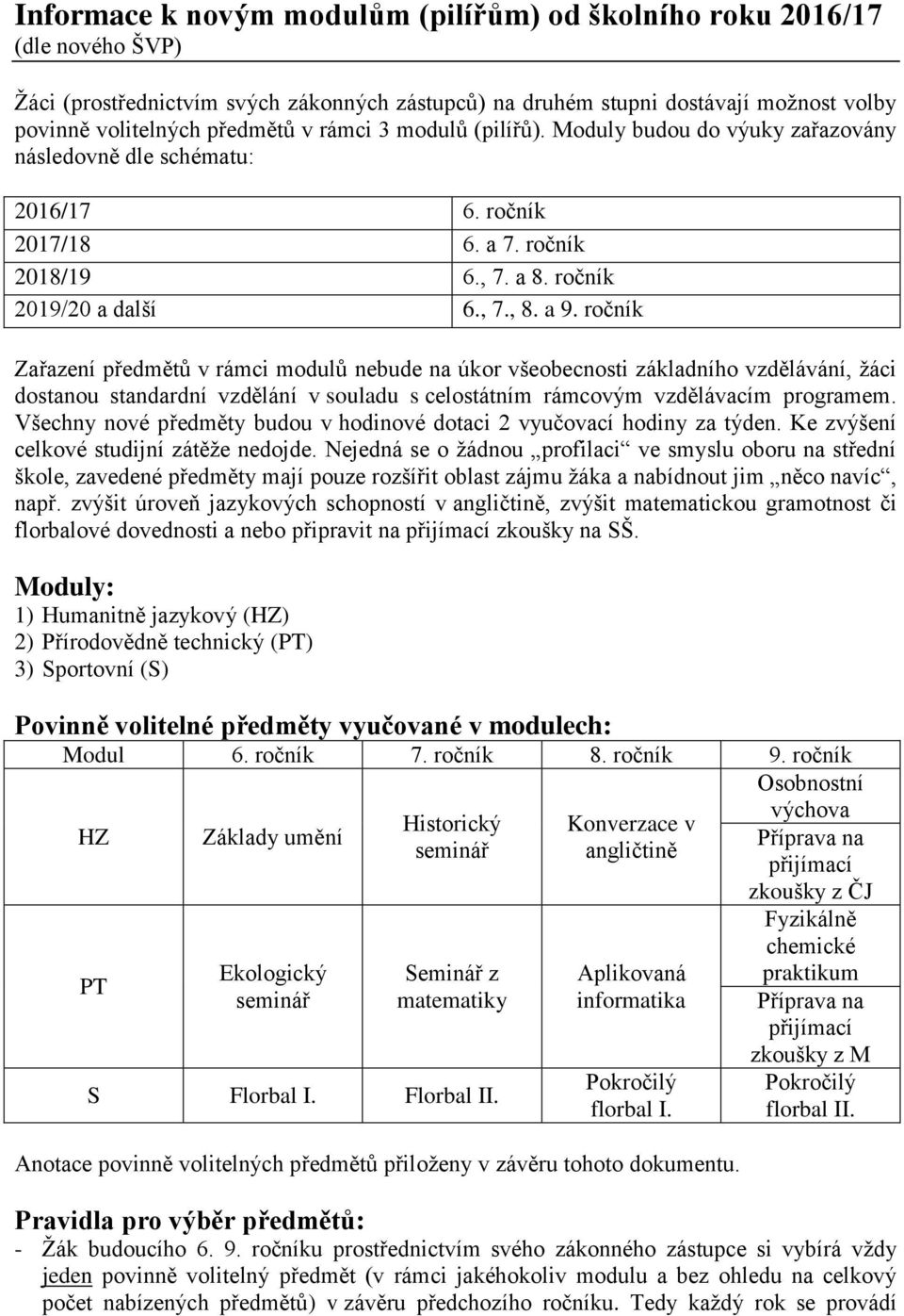 ročník Zařazení předmětů v rámci modulů nebude na úkor všeobecnosti základního vzdělávání, žáci dostanou standardní vzdělání v souladu s celostátním rámcovým vzdělávacím programem.