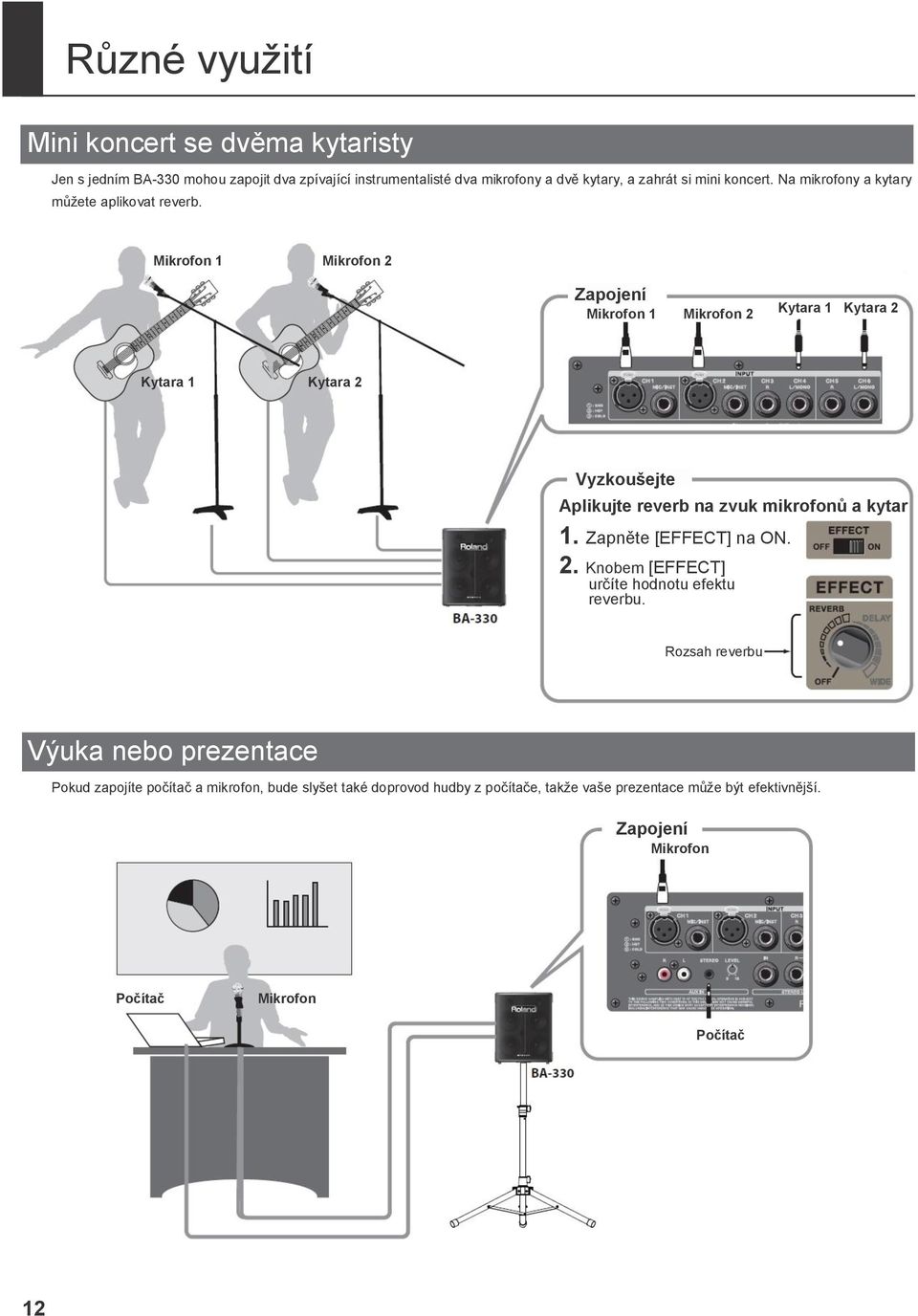 Mikrofon 1 Mikrofon 2 Zapojení Mikrofon 1 Mikrofon 2 Kytara 1 Kytara 2 Kytara 1 Kytara 2 Vyzkoušejte Aplikujte reverb na zvuk mikrofonů a kytar 1.