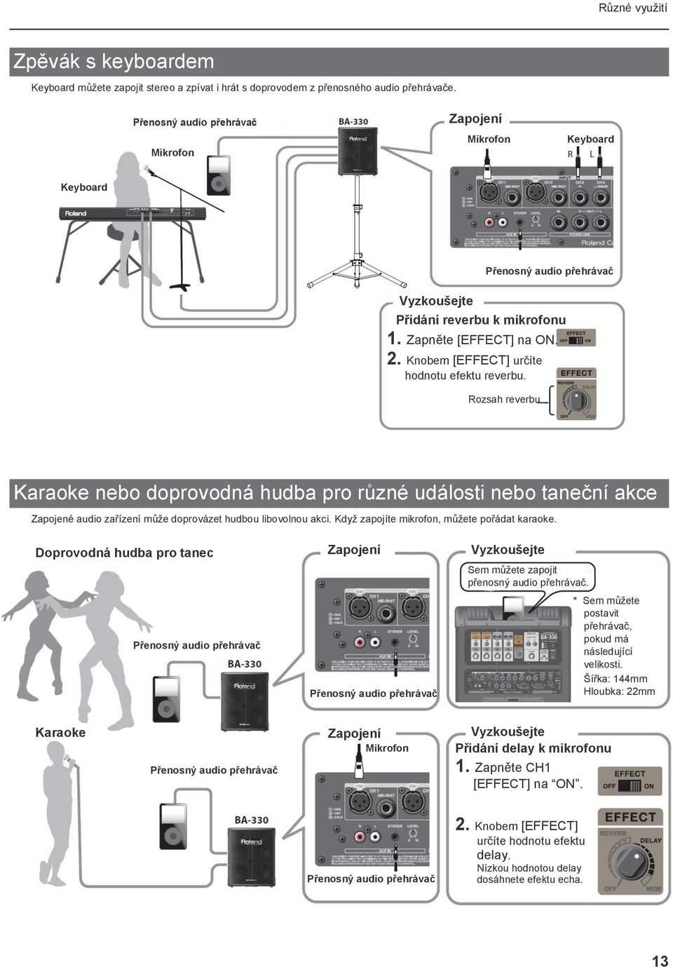 Knobem [EFFECT] určíte hodnotu efektu reverbu. Rozsah reverbu Karaoke nebo doprovodná hudba pro různé události nebo taneční akce Zapojené audio zařízení můţe doprovázet hudbou libovolnou akci.