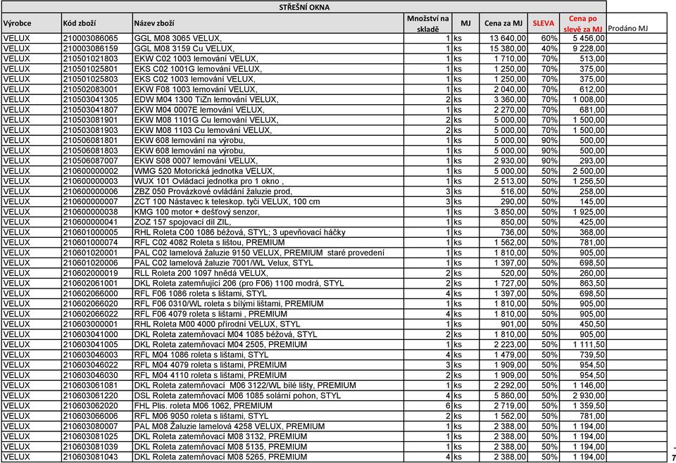 1003 lemování VELUX, 1 ks 2 040,00 70% 612,00 VELUX 210503041305 EDW M04 1300 TiZn lemování VELUX, 2 ks 3 360,00 70% 1 008,00 VELUX 210503041807 EKW M04 0007E lemování VELUX, 1 ks 2 270,00 70% 681,00