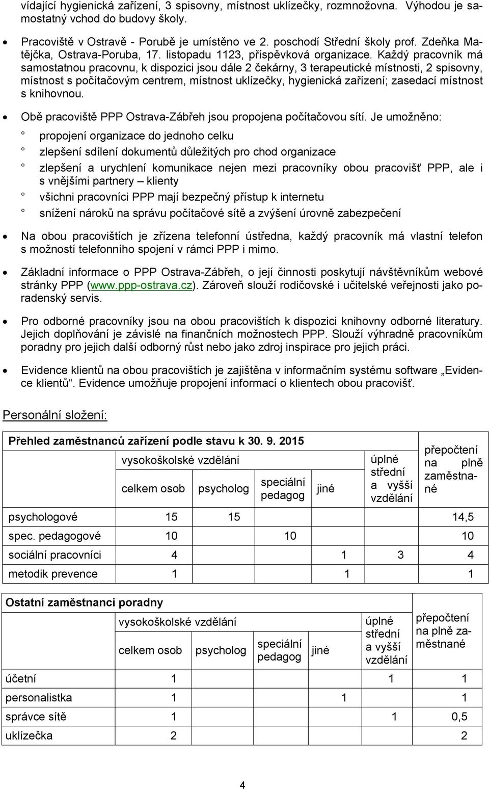 Každý pracovník má samostatnou pracovnu, k dispozici jsou dále 2 čekárny, 3 terapeutické místnosti, 2 spisovny, místnost s počítačovým centrem, místnost uklízečky, hygienická zařízení; zasedací