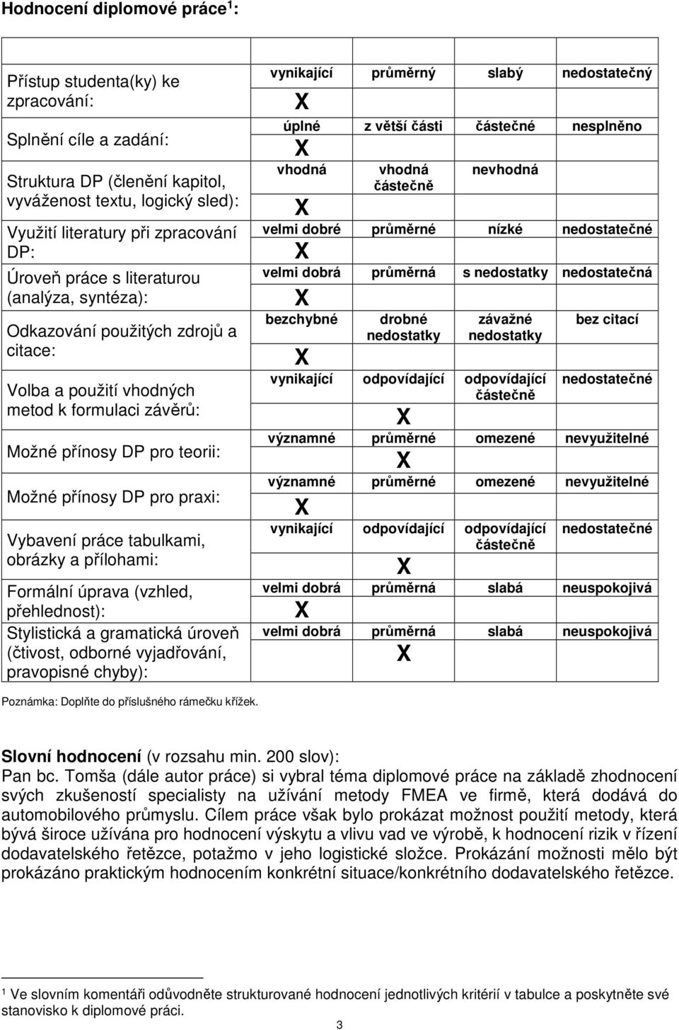 práce tabulkami, obrázky a přílohami: Formální úprava (vzhled, přehlednost): Stylistická a gramatická úroveň (čtivost, odborné vyjadřování, pravopisné chyby): vynikající průměrný slabý nedostatečný