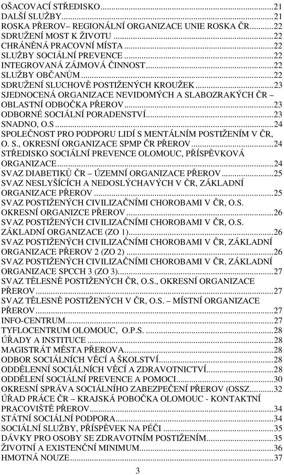 .. 23 ODBORNÉ SOCIÁLNÍ PORADENSTVÍ... 23 SNADNO, O.S... 24 SPOLEČNOST PRO PODPORU LIDÍ S MENTÁLNÍM POSTIŽENÍM V ČR, O. S., OKRESNÍ ORGANIZACE SPMP ČR PŘEROV.