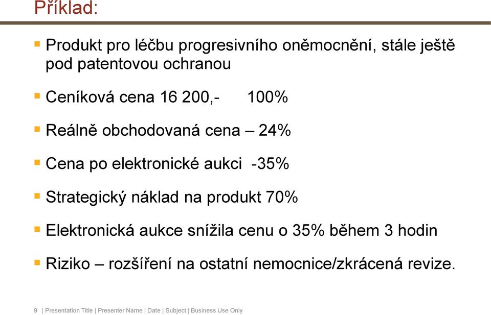 Strategický náklad na produkt 70% Elektronická aukce snížila cenu o 35% během 3 hodin Riziko