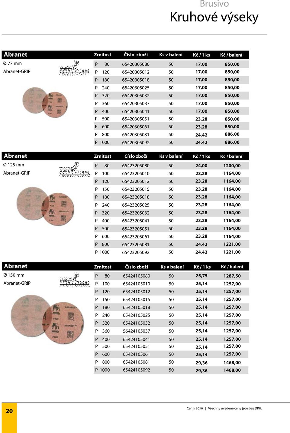 23,28 850,00 P 800 65420305081 50 24,42 886,00 P 1000 65420305092 50 24,42 886,00 Abranet Zrnitost Číslo zboží Ks v balení Kč / 1 ks Kč / balení Ø 125 mm P 80 65423205080 50 24,00 1200,00 Abranet- P
