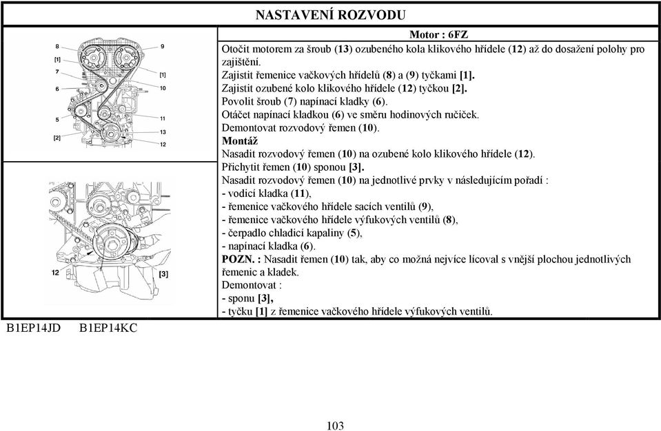 Otáčet napínací kladkou (6) ve směru hodinových ručiček. Demontovat rozvodový řemen (10). Montáž Nasadit rozvodový řemen (10) na ozubené kolo klikového hřídele (12). Přichytit řemen (10) sponou [3].