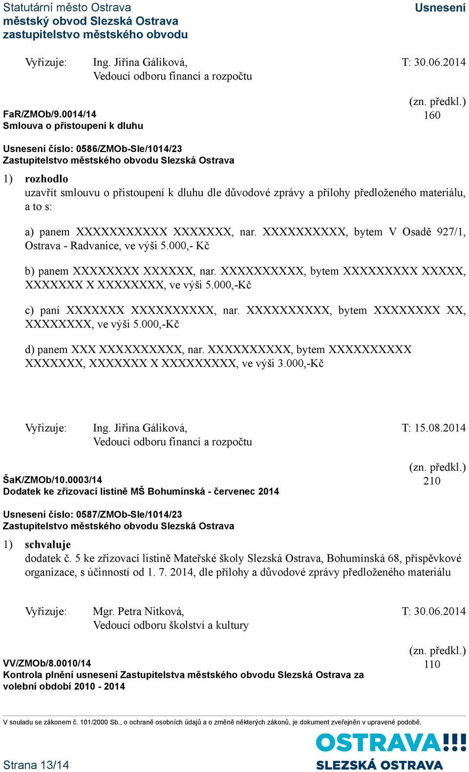 XXXXXXX, nar. XXXXXXXXXX, bytem V Osadě 927/1, Ostrava - Radvanice, ve výši 5.000,- Kč b) panem XXXXXXXX XXXXXX, nar. XXXXXXXXXX, bytem XXXXXXXXX XXXXX, XXXXXXX X XXXXXXXX, ve výši 5.