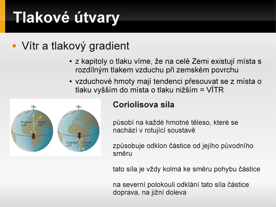 Coriolisova síla působí na každé hmotné těleso, které se nachází v rotující soustavě způsobuje odklon částice od jejího