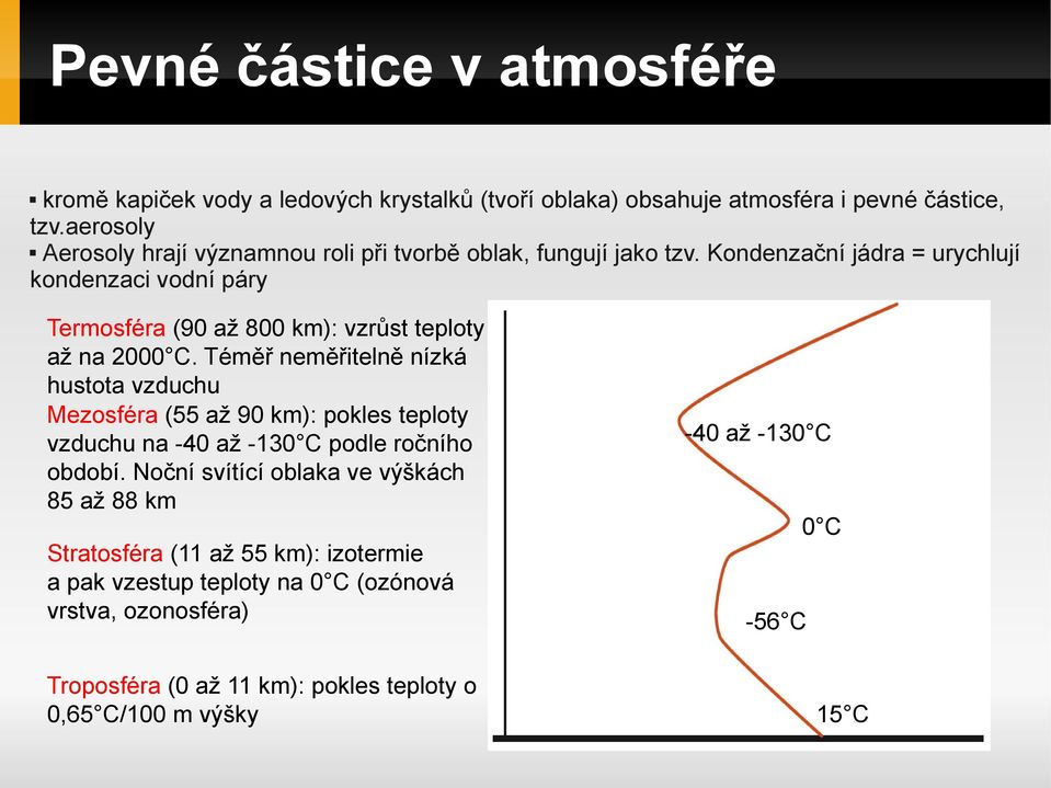 Kondenzační jádra = urychlují kondenzaci vodní páry Termosféra (90 až 800 km): vzrůst teploty až na 2000 C.