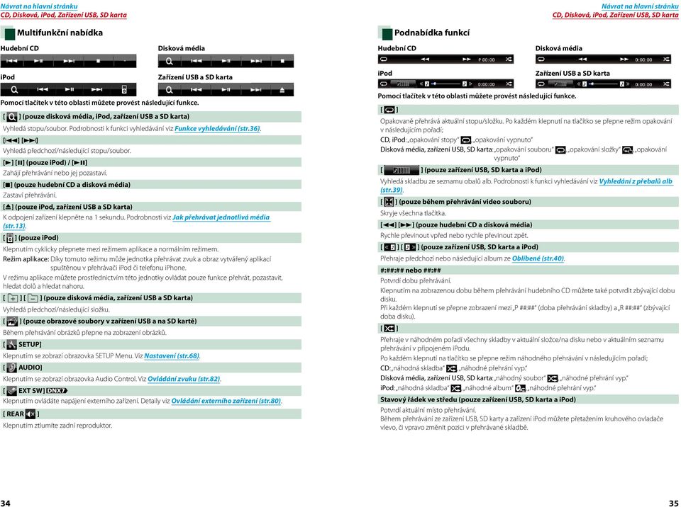 Podrobnosti k funkci vyhledávání viz Funkce vyhledávání (str.36). [4] [ ] Vyhledá předchozí/následující stopu/soubor. [3] [8] (pouze ipod) / [38] Zahájí přehrávání nebo jej pozastaví.