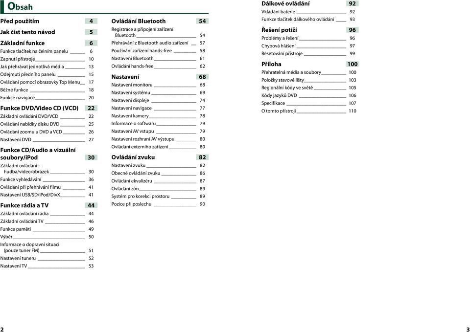 CD/Audio a vizuální soubory/ipod 30 Základní ovládání - hudba/video/obrázek 30 Funkce vyhledávání 36 Ovládání při přehrávání filmu 41 Nastavení USB/SD/iPod/DivX 41 Funkce rádia a TV 44 Základní