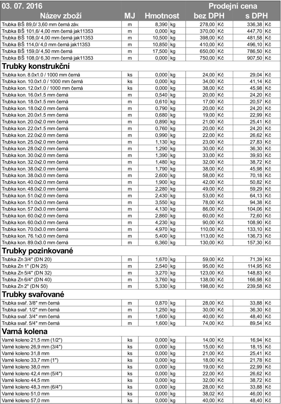 černá jak11353 m 10,850 kg 410,00 Kč 496,10 Kč Trubka BŠ 159,0/ 4,50 mm černá m 17,500 kg 650,00 Kč 786,50 Kč Trubka BŠ 108,0/ 6,30 mm černá jak11353 m 0,000 kg 750,00 Kč 907,50 Kč Trubky konstrukční