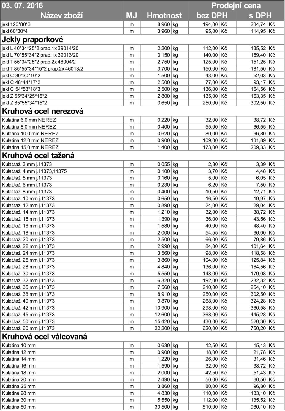 2x 46013/2 m 3,700 kg 150,00 Kč 181,50 Kč jekl C 30*30*10*2 m 1,500 kg 43,00 Kč 52,03 Kč jekl C 48*44*17*2 m 2,500 kg 77,00 Kč 93,17 Kč jekl C 54*53*18*3 m 2,500 kg 136,00 Kč 164,56 Kč jekl Z