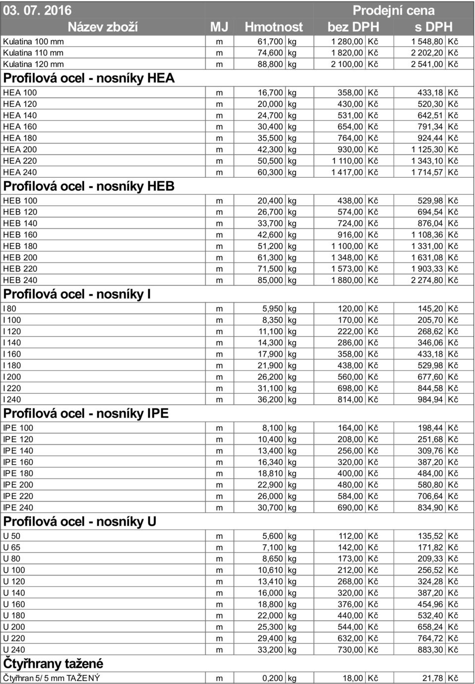 42,300 kg 930,00 Kč 1 125,30 Kč HEA 220 m 50,500 kg 1 110,00 Kč 1 343,10 Kč HEA 240 m 60,300 kg 1 417,00 Kč 1 714,57 Kč Profilová ocel - nosníky HEB HEB 100 m 20,400 kg 438,00 Kč 529,98 Kč HEB 120 m