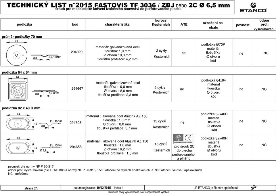 150 : 1,0 mm : 8,0 mm profilace: 5,7 mm podložka 82x40R 294656 : lakovaná ocel Aluzink AZ 150 : 1,0 mm : 6,2 mm profilace : 1,5 mm podložka 82x40R : dle normy NF P 30-317 (dle