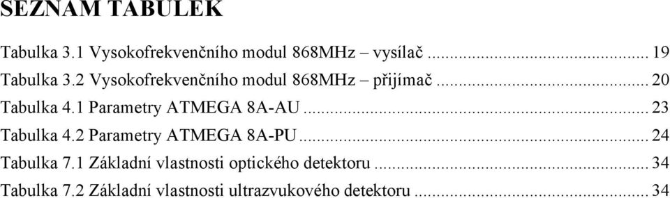 .. 23 Tabulka 4.2 Parametry ATMEGA 8A-PU... 24 Tabulka 7.