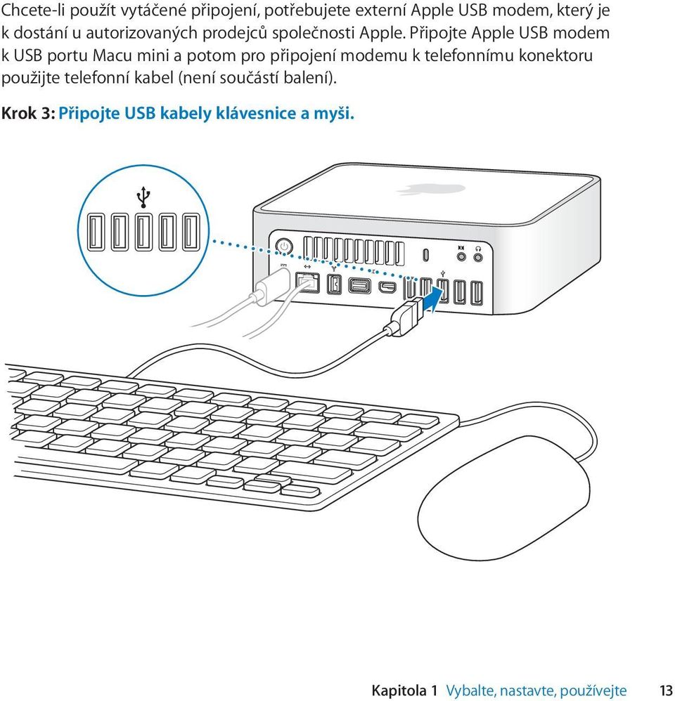 Připojte Apple USB modem k USB portu Macu mini a potom pro připojení modemu k telefonnímu