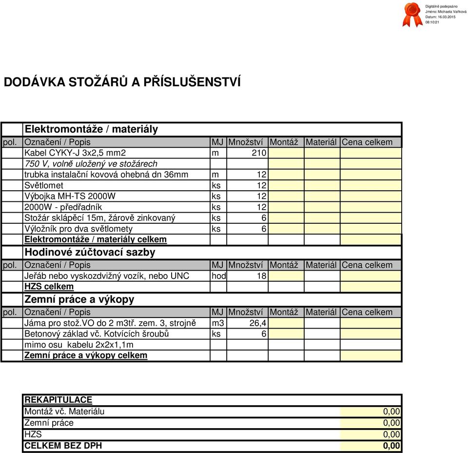 2000W ks 12 2000W - předřadník ks 12 Stožár sklápěcí 15m, žárově zinkovaný ks 6 Výložník pro dva světlomety ks 6 Elektromontáže / materiály celkem Hodinové zúčtovací sazby pol.