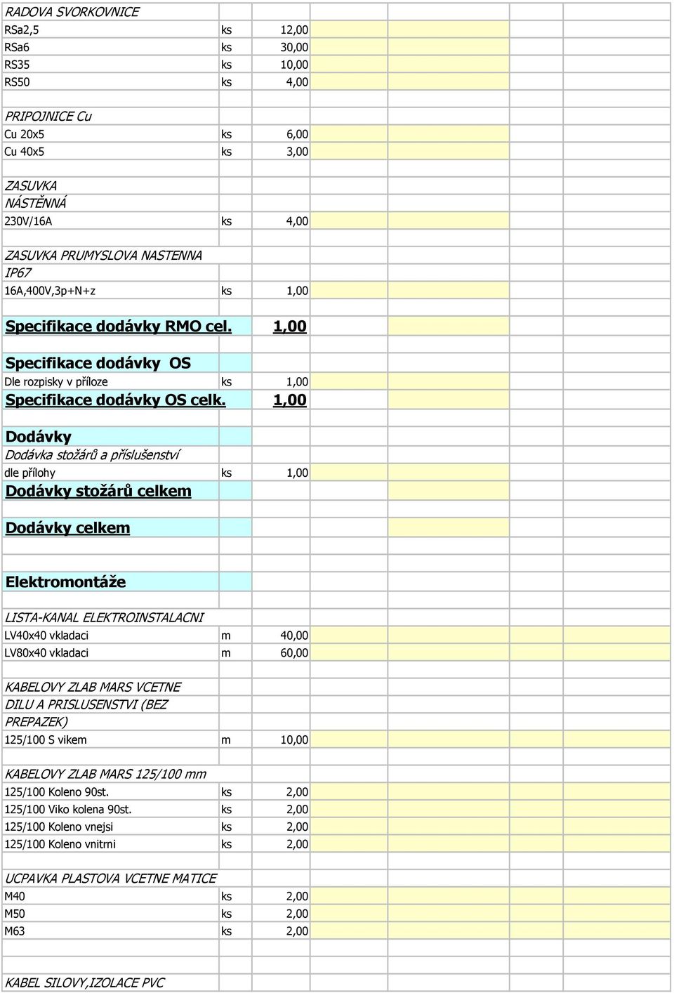 Dodávky Dodávka stožárů a příslušenství 1,00 dle přílohy ks 1,00 Dodávky stožárů celkem Dodávky celkem Elektromontáže LISTA-KANAL ELEKTROINSTALACNI LV40x40 vkladaci m 40,00 LV80x40 vkladaci m 60,00