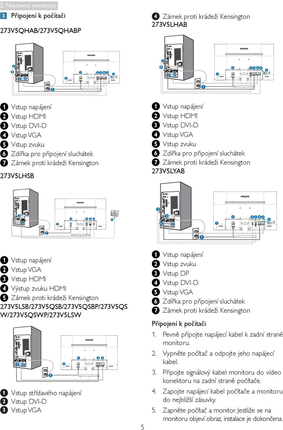 Kensington 273V5LYAB 5 5 7 5 6 1 Vstup napájení 2 Vstup VGA 3 Vstup HDMI 4 Výstup zvuku HDMI 5 Zámek proti krádeži Kensington 273V5LSB/273V5QSB/273V5QSBP/273V5QS W/273V5QSWP/273V5LSW Vstup střídavého