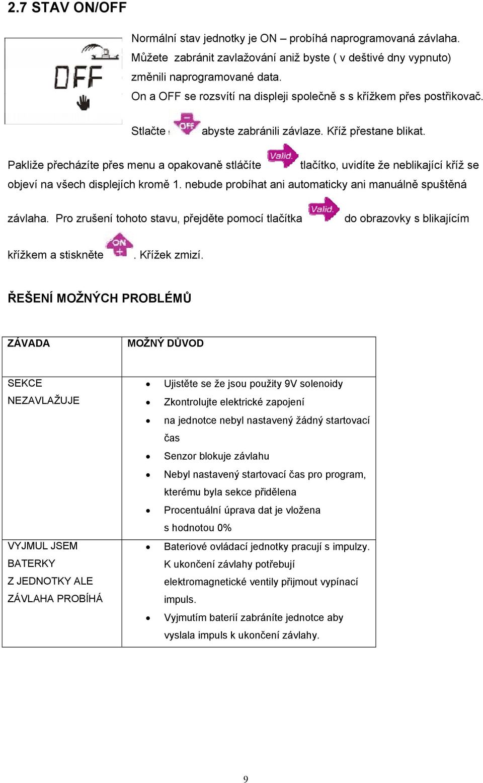 Pakliže přecházíte přes menu a opakovaně stláčíte tlačítko, uvidíte že neblikající kříž se objeví na všech displejích kromě 1. nebude probíhat ani automaticky ani manuálně spuštěná závlaha.