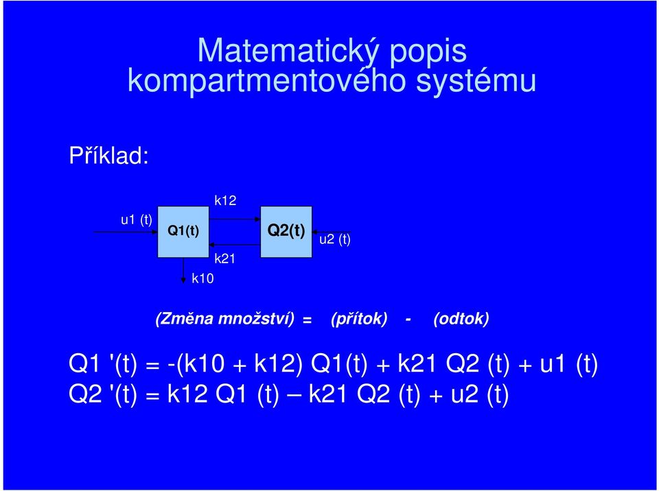 (přítok) - (odtok) Q1 '(t) = -(k10 + k12) Q1(t) + k21