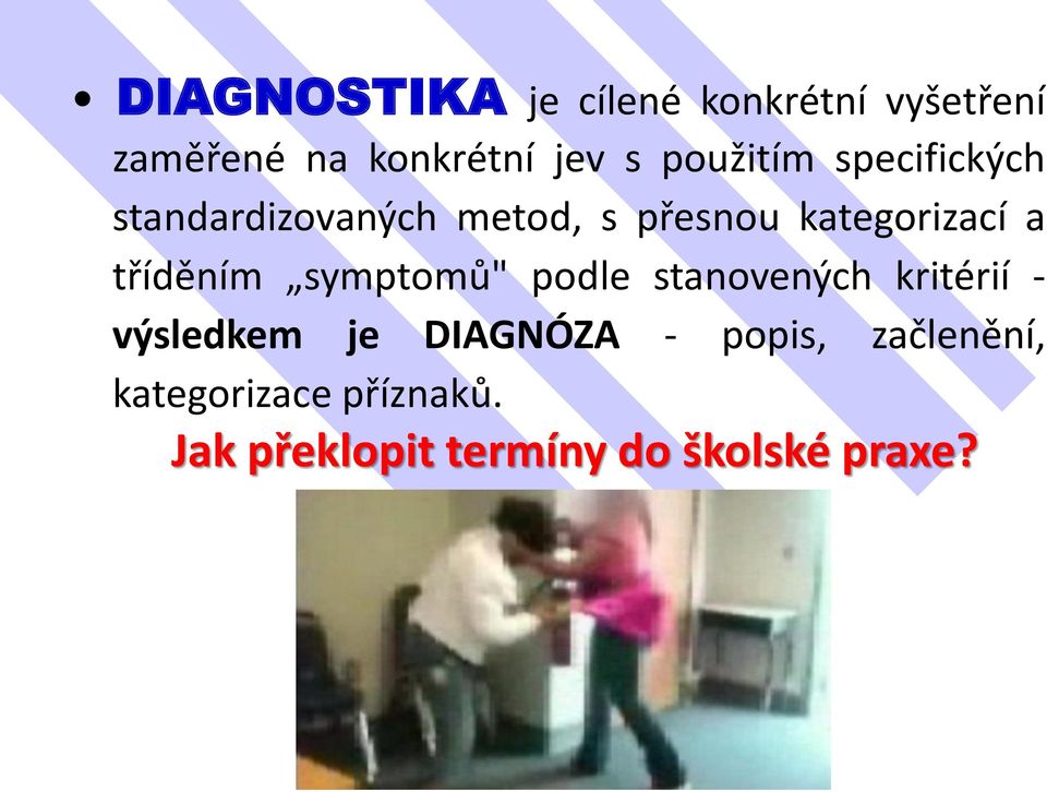 tříděním symptomů" podle stanovených kritérií - výsledkem je DIAGNÓZA -