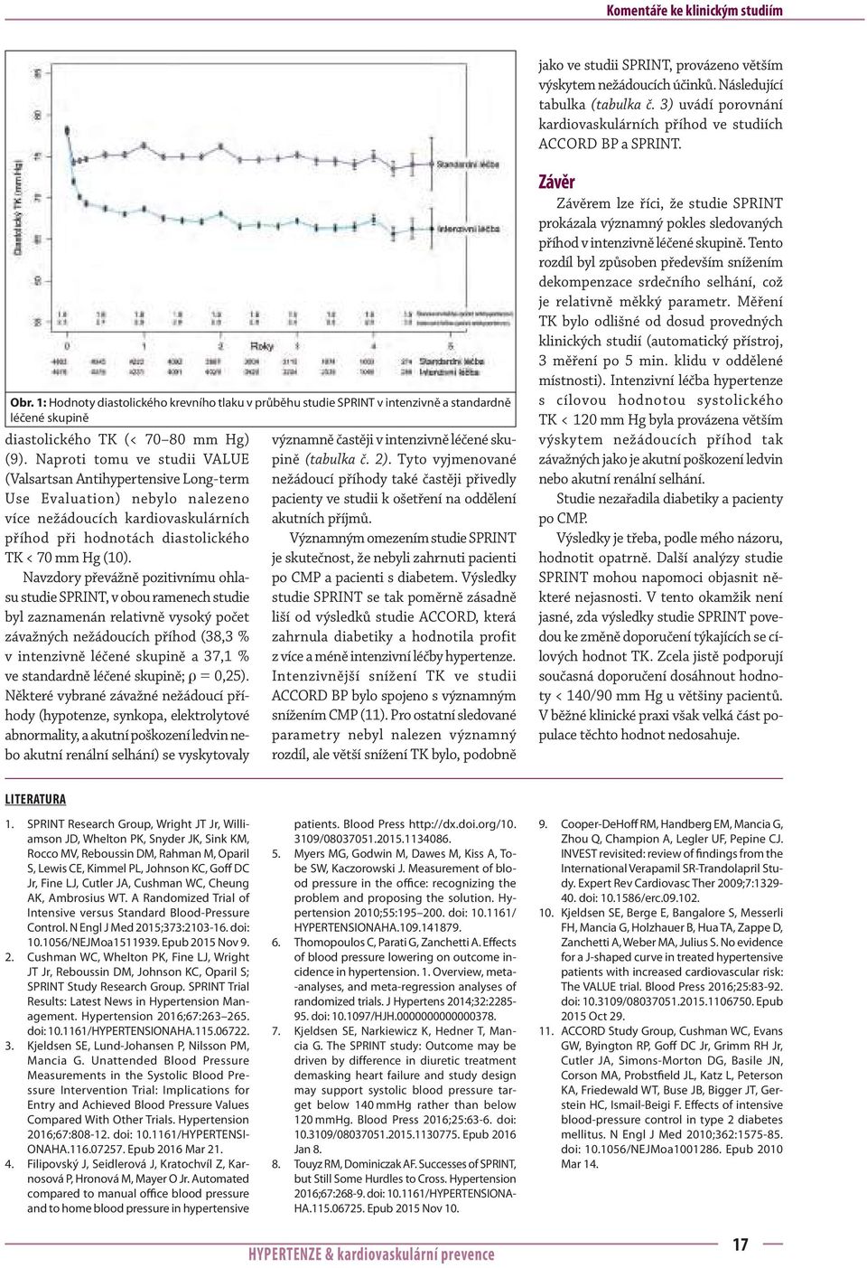 1: Hodnoty diastolického krevního tlaku v průběhu studie SPRINT v intenzivně a standardně léčené skupině diastolického TK (< 70 80 mm Hg) (9).