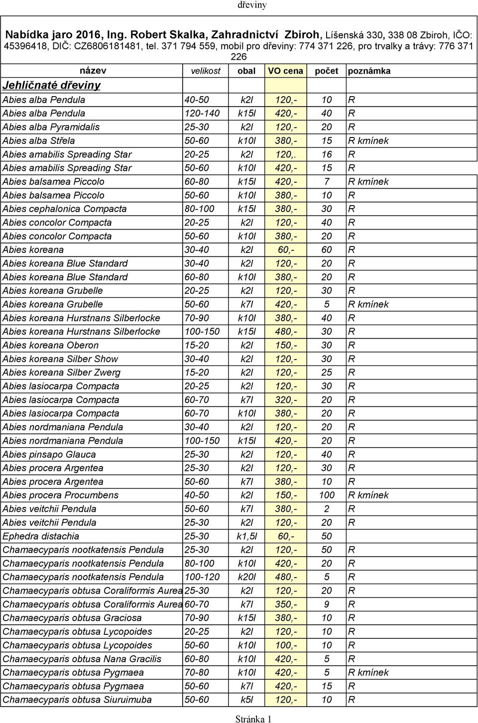 120-140 k15l 420,- 40 R Abies alba Pyramidalis 25-30 k2l 120,- 20 R Abies alba Střela 50-60 k10l 380,- 15 R kmínek Abies amabilis Spreading Star 20-25 k2l 120,.