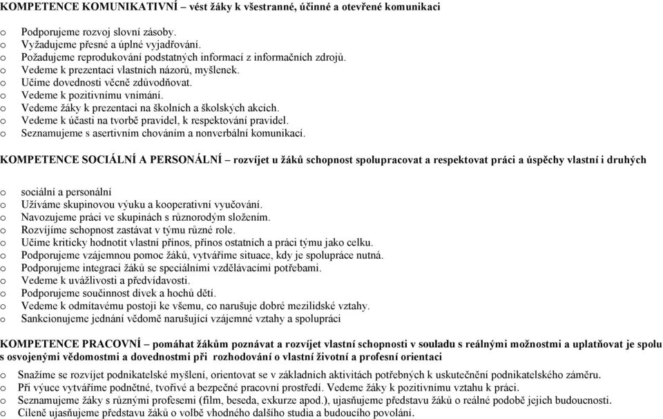 Vedeme žáky k prezentaci na šklních a šklských akcích. Vedeme k účasti na tvrbě pravidel, k respektvání pravidel. Seznamujeme s asertivním chváním a nnverbální kmunikací.