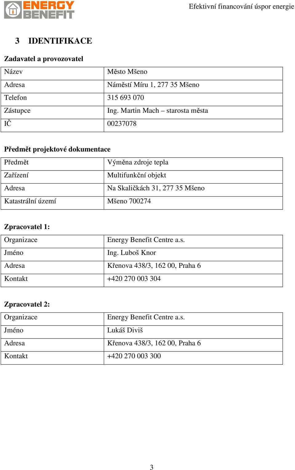 31, 277 35 Mšeno Katastrální území Mšeno 700274 Zpracovatel 1: Organizace Energy Benefit Centre a.s. Jméno Ing.