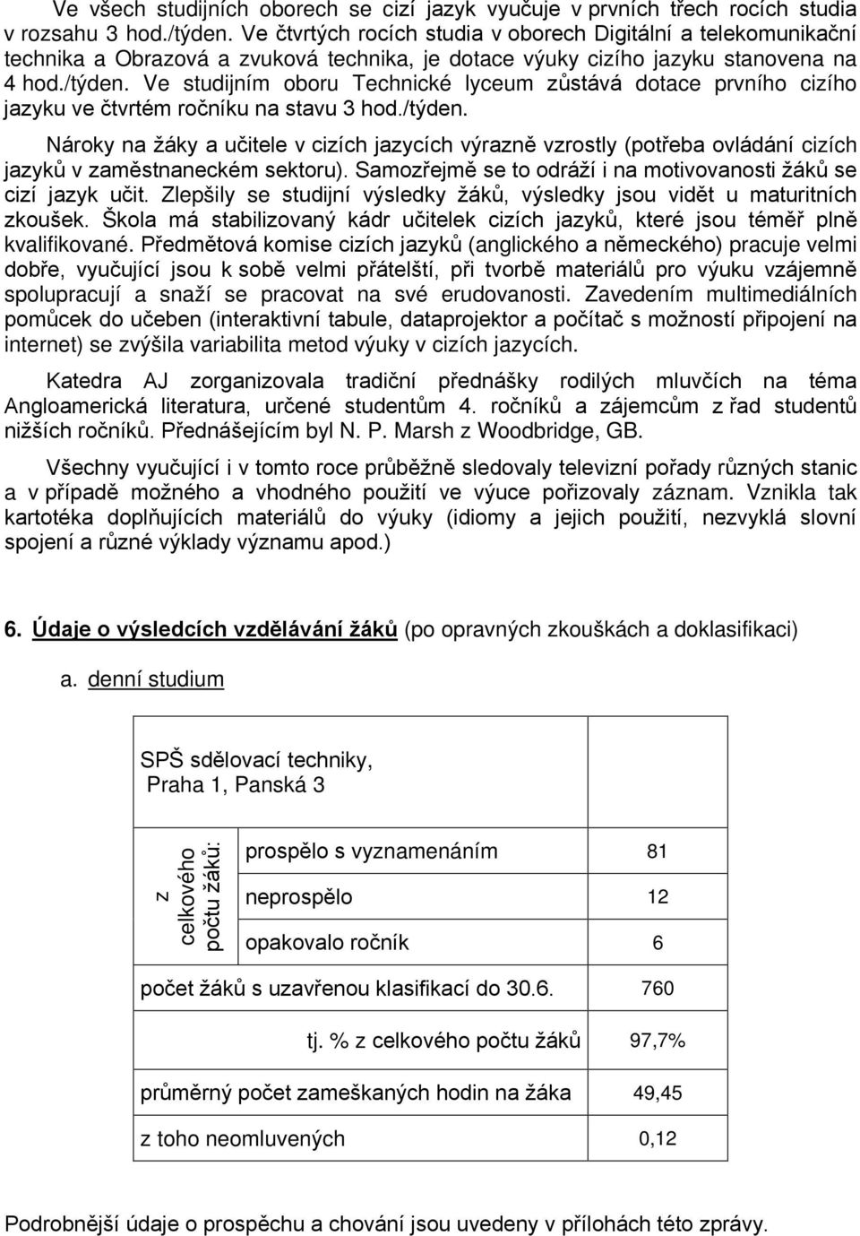 Ve studijním oboru Technické lyceum zůstává dotace prvního cizího jazyku ve čtvrtém ročníku na stavu 3 hod./týden.