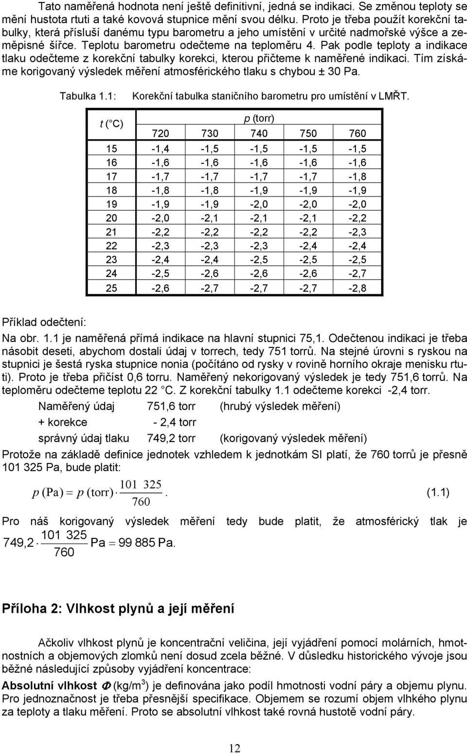 Pak podle teploty a indikace tlaku odečteme z korekční tabulky korekci, kterou přičteme k naměřené indikaci. Tím získáme korigovaný výsledek měření atmosférického tlaku s chybou ± 30 Pa. Tabulka.