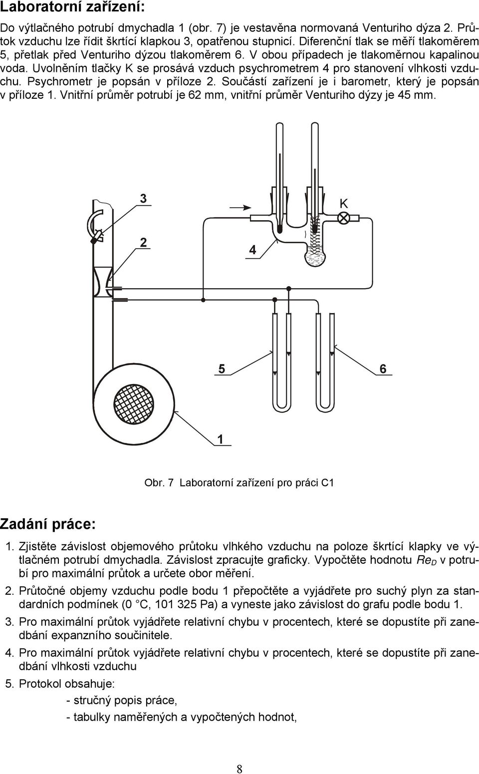 Uvolněním tlačky K se prosává vzduch psychrometrem 4 pro stanovení vlhkosti vzduchu. Psychrometr je popsán v příloze. Součástí zařízení je i barometr, který je popsán v příloze.