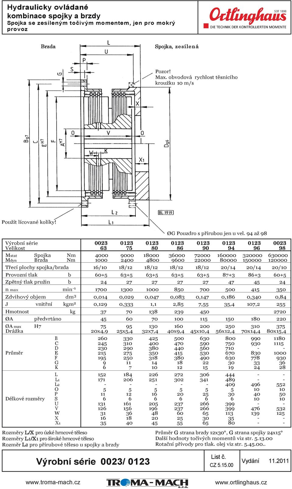 94 až 98 Výrobní série 0023 0123 0123 0123 0123 0123 0123 0023 Velikost 63 75 80 86 90 94 96 98 Mstat Spojka Nm 4000 9000 18000 36000 72000 160000 320000 630000 Mdyn Brzda Nm 1000 2400 4800 9600