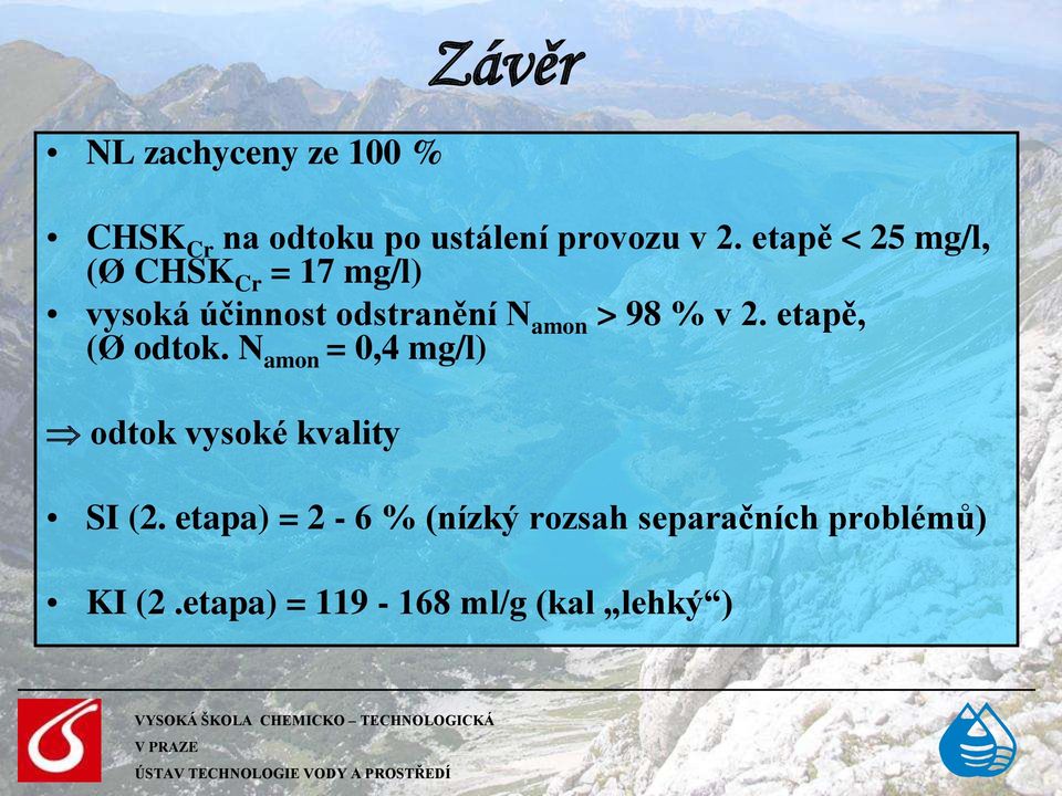 % v 2. etapě, (Ø odtok. N amon = 0,4 mg/l) odtok vysoké kvality SI (2.