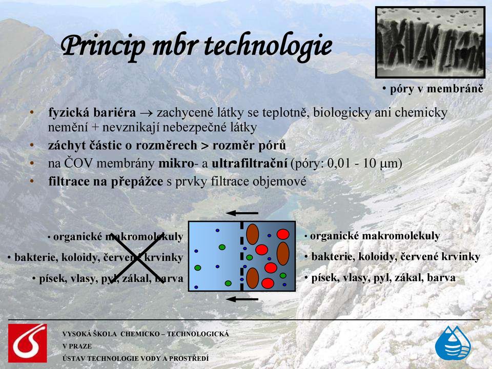 0,01-10 mm) filtrace na přepážce s prvky filtrace objemové organické makromolekuly bakterie, koloidy, červené krvinky